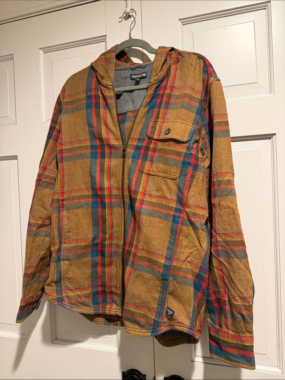 Toad&Co Hooded Plaid Flannel Shirt Jacket Brown Plaid Full Zip Size Medium